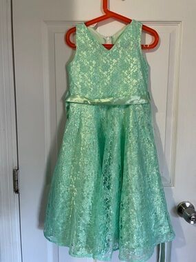 Girls Mint Lace Party Dress with Satin Waistband